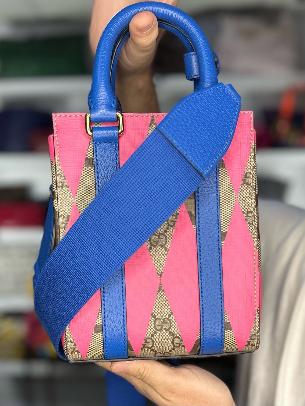 Gucci Pink and Blue GG Mini Tote with Wide Blue Strap